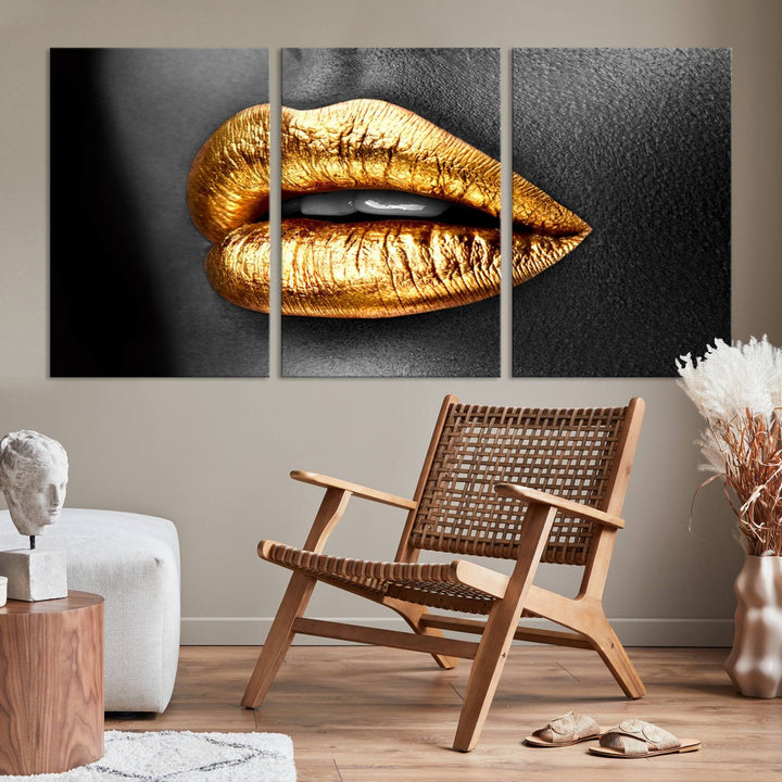 Gold Lips Canvas Wall Art Print Makeup Wall Art Fashion Beauty Canvas Print