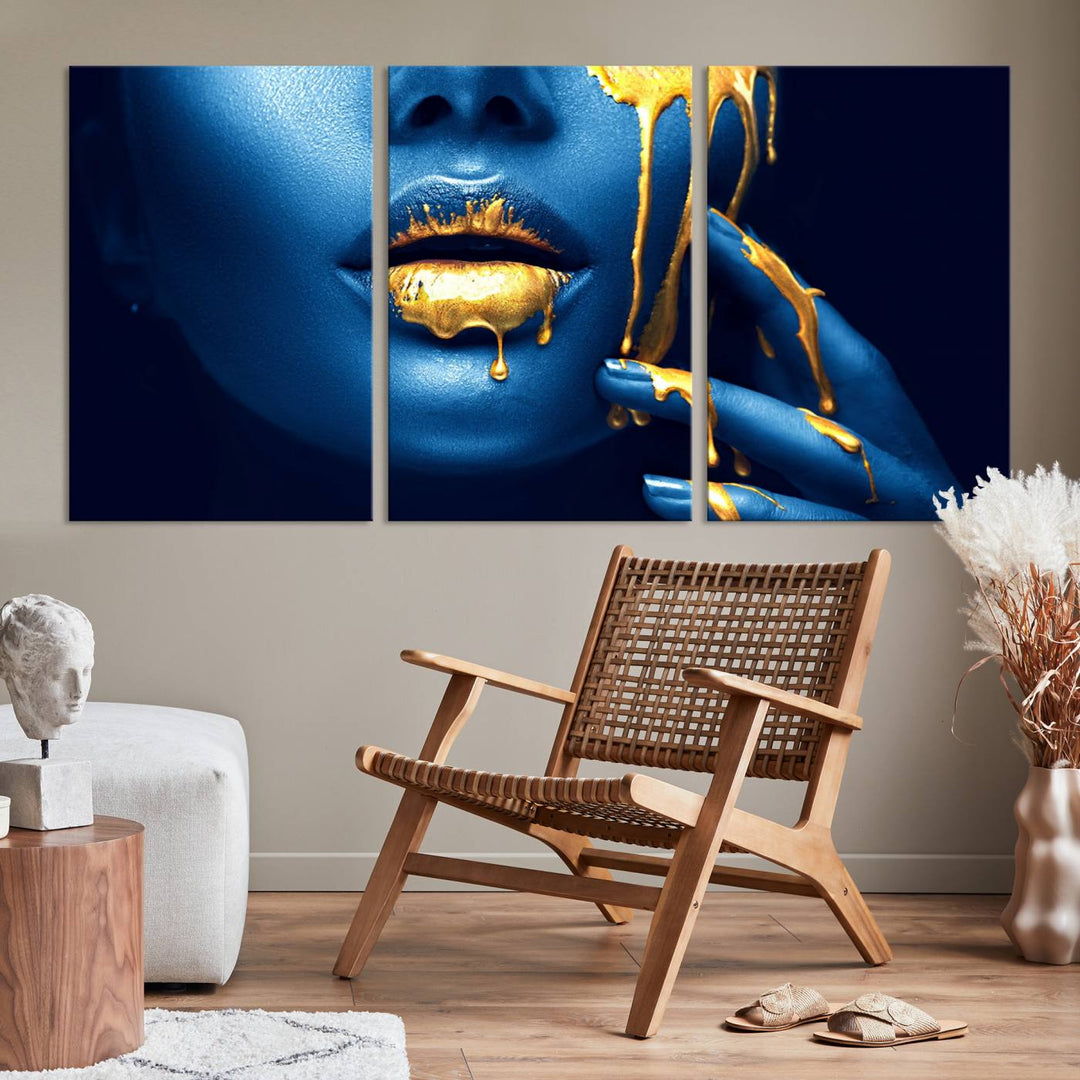 Neón Azul Oro Labios Sensual Fotografía Lienzo Pared Arte Impresión Moda Arte Belleza