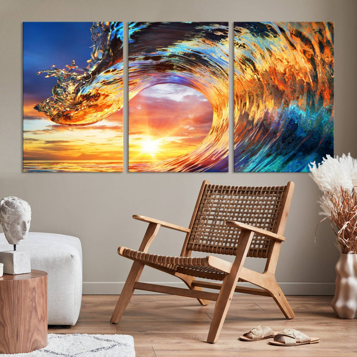 Wave Canvas Wall Art – Multi-Panel Sunset Ocean Scene – Bold and Vibrant Decor for Living Room or Office – Ready to Hang