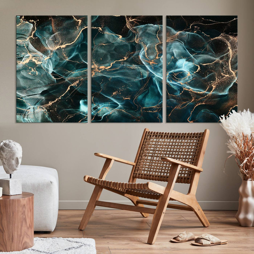 Neon Blue Marble Smokey Effect Wall Art Abstract Canvas Wall Art Print