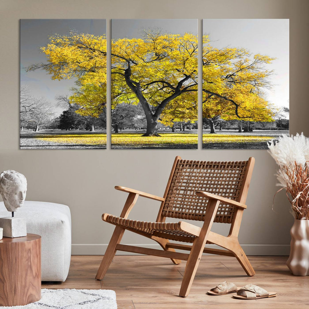 Toile murale avec grand arbre jaune, impression d'art, noir, blanc, jaune, peinture artistique