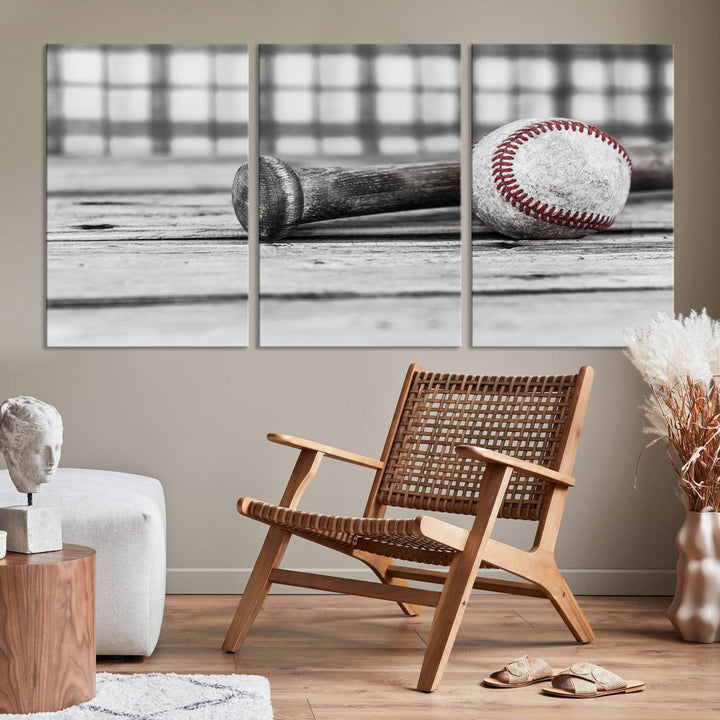 Lienzo de béisbol vintage para pared, impresión de béisbol, arte imprimible, arte retro, deportes, arte de pared, impresión en lienzo grande, varias piezas enmarcadas listas para colgar, juego de 3 paneles de lienzo, fotografía en blanco y negro