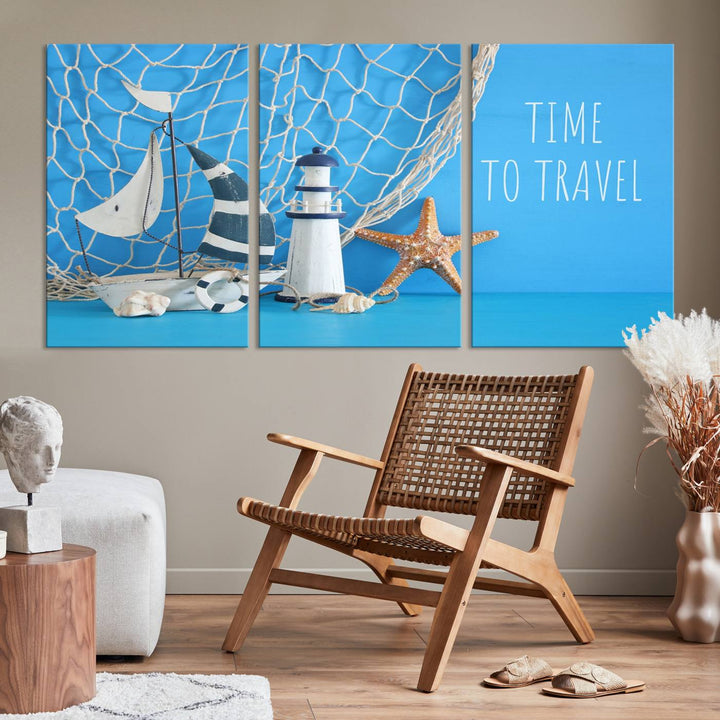 Sailing Boat Starfish and Lighthouse Wall Art Canvas Print