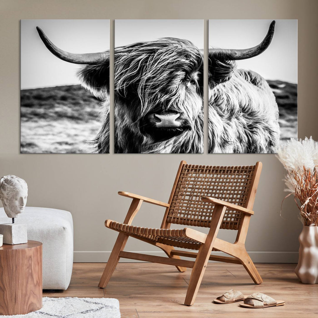 Highland Cow Wall Art | 3-Panel Black and White Highland Cow Canvas Print for Western Farmhouse Decor | Large Framed Giclee Canvas for Living Room