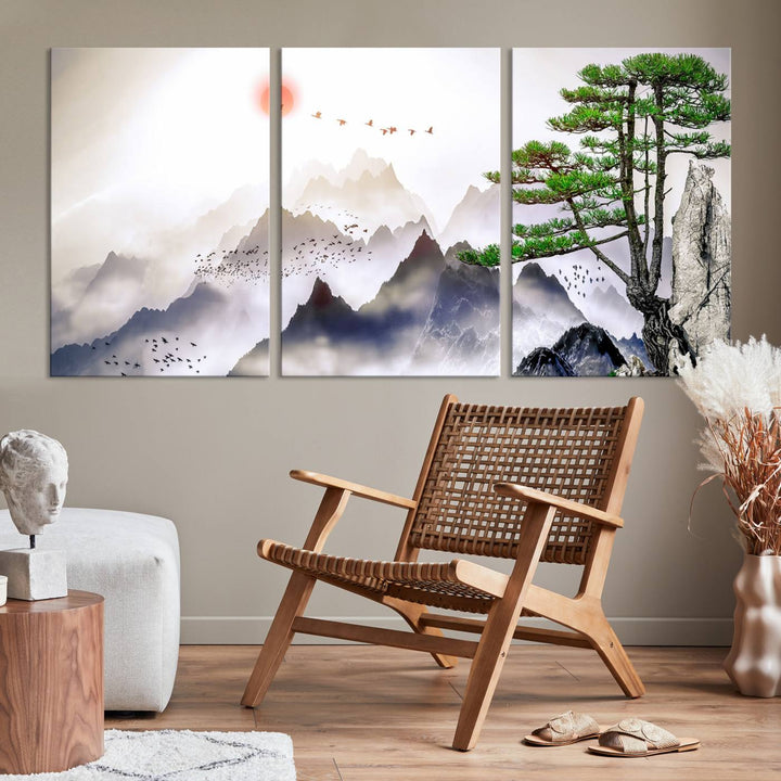 Japanese Tree Mountain Wall Art Canvas Print