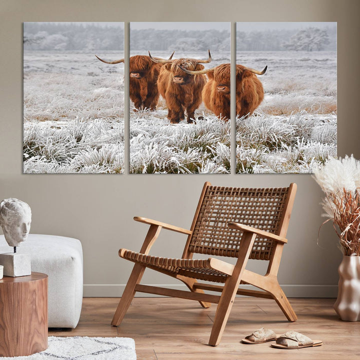 Vaches des Highlands dans la neige Art sur toile Highland Cattle Picture Art Farmhouse Art