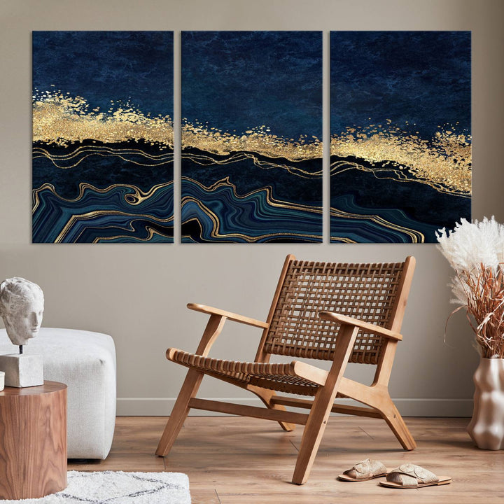 Navy Blue Marble Fluid Effect Large Wall Art Modern Abstract Canvas Wall Art Print