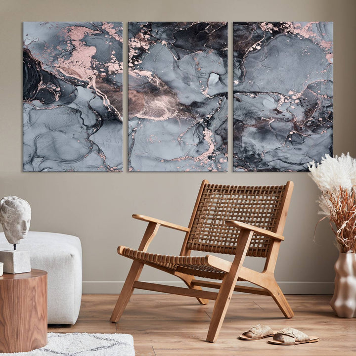 Gray and Rose Gold Marble Fluid Effect Wall Art Abstract Canvas Wall Art Print