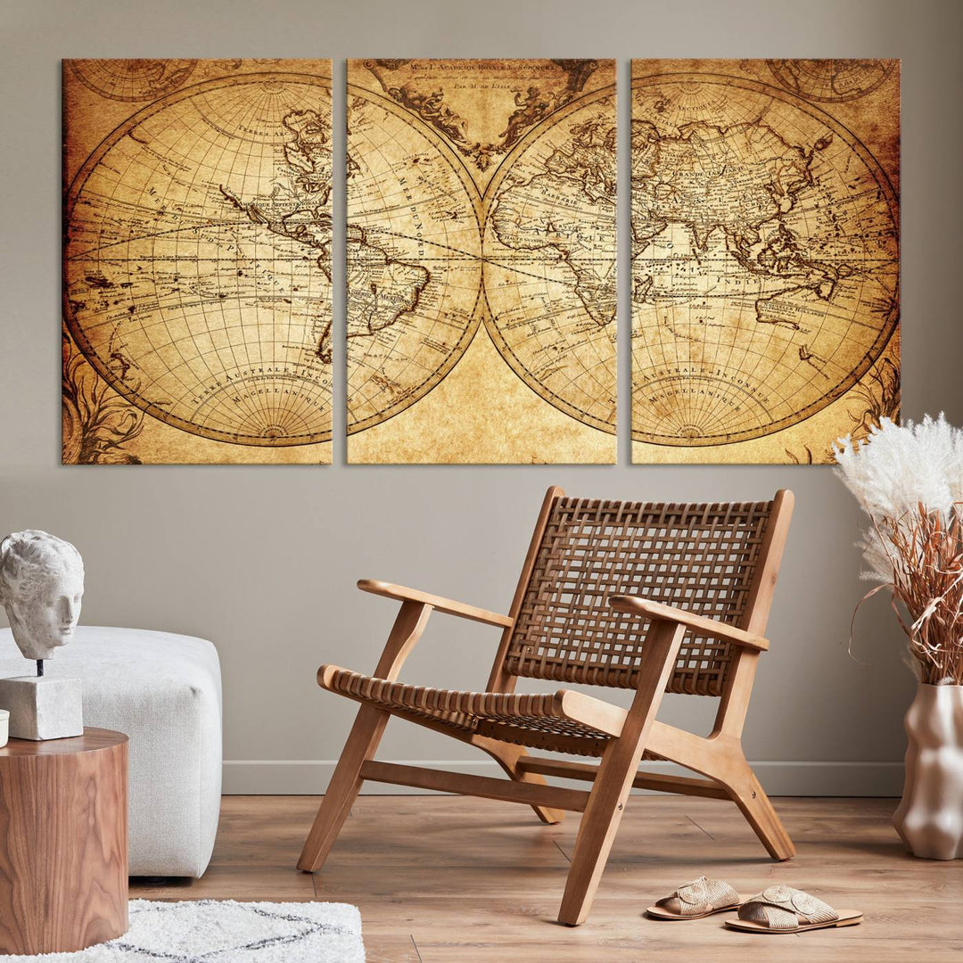 Vintage World Map Wall Art | 3-Panel Canvas Print for Living Room, Office, or Study | Giclee Canvas with Antique Design