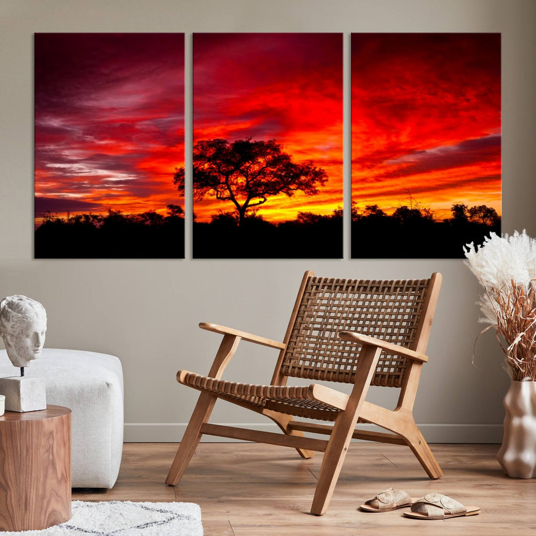 Red Sunset Landscape Artwork Printing, Forest Tree Wall Art Canvas Print