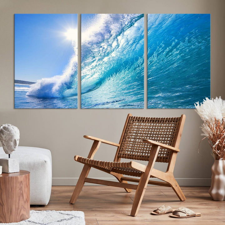 Blue Big Wave Surf Ocean Canvas Wall Art Artwork Print, Art mural de plage, Art de mur de mer