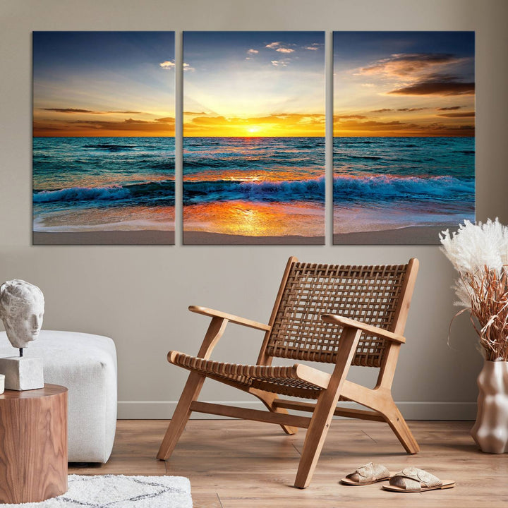 Vibrant Ocean Sunrise Over Golden Beach Waves, Giclee Canvas Wall Art Set, High-Quality Stretched Canvas Print, Ready to Hang Coastal Sunset Wall