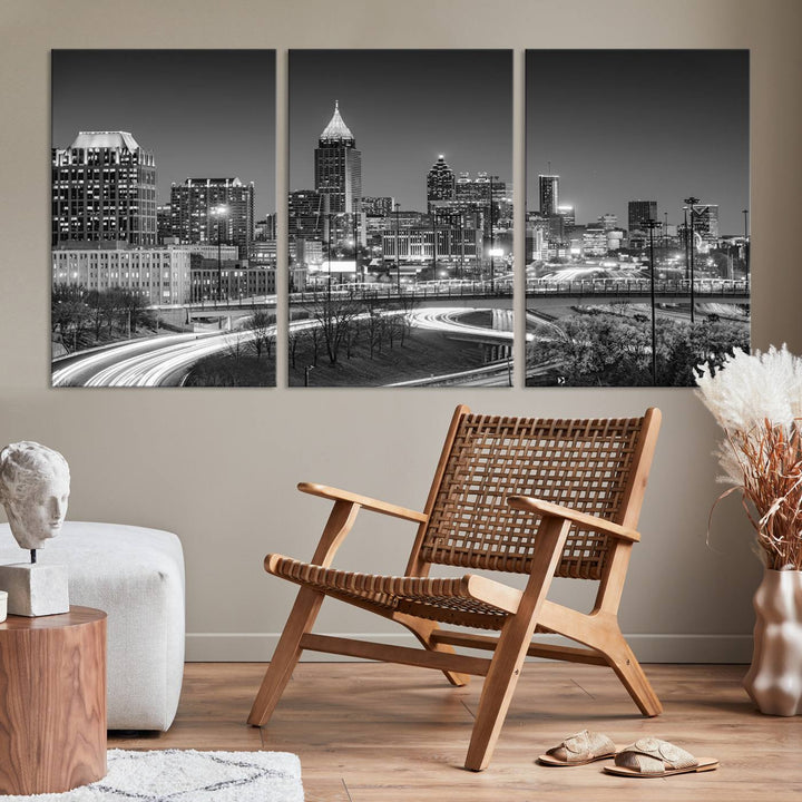 Atlanta City Lights Skyline Art mural noir et blanc Paysage urbain Impression sur toile