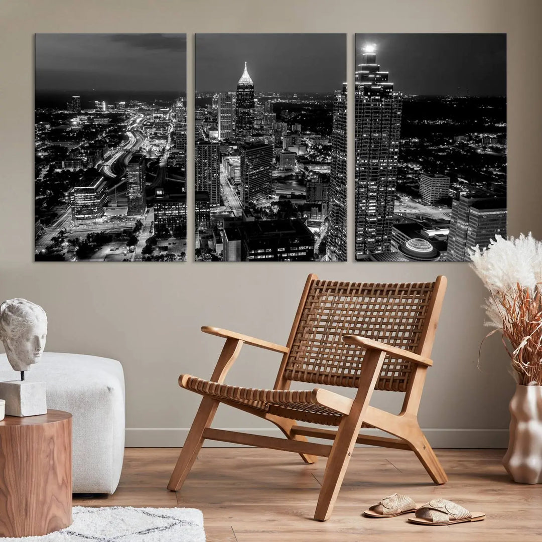 The Atlanta City Lights Skyline Black and White Wall Art Cityscape Canvas Print is elegantly displayed on the wall. These museum-quality canvases arrive ready to hang, making your art display both effortless and sophisticated.