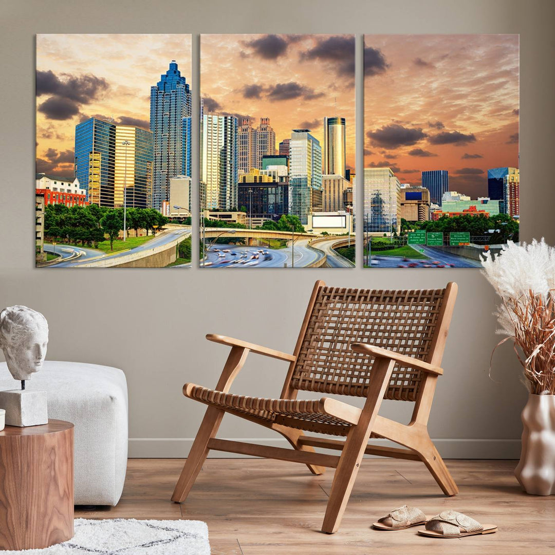 Atlanta City Lights Coucher de soleil Skyline Paysage urbain Vue Art mural Impression sur toile