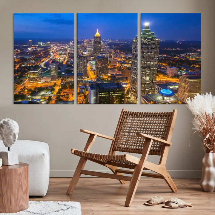 An elegant Atlanta City Blue Skyline Cityscape View Wall Art Canvas Print graces the wall, offering a sophisticated addition to your living space. Enjoy free shipping on this stylish piece.