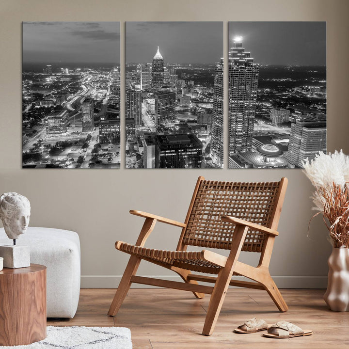 Atlanta City Skyline Art mural noir et blanc Paysage urbain Impression sur toile