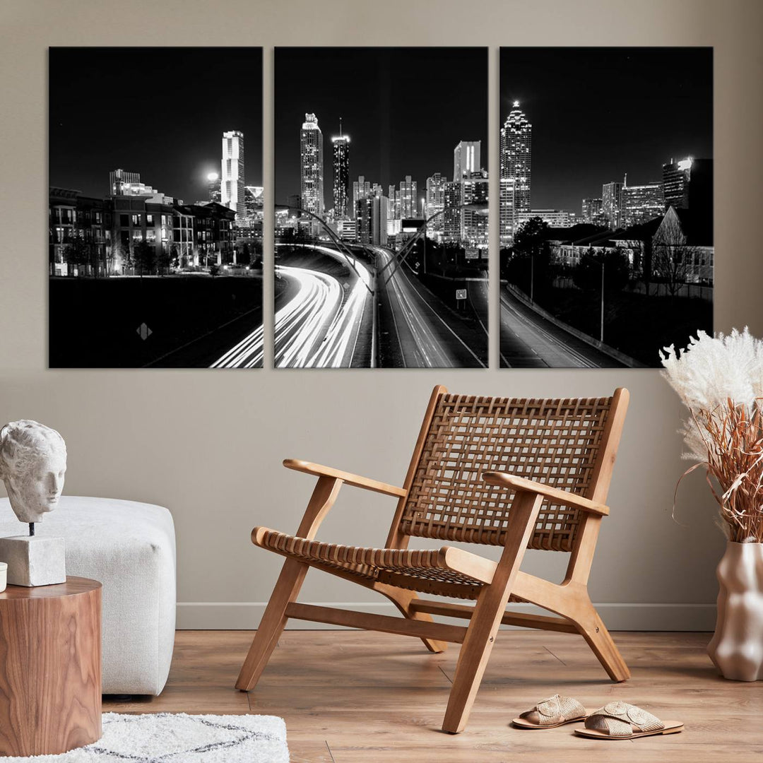 Atlanta Georgia Lights Skyline Black and White Wall Art Cityscape Canvas Print