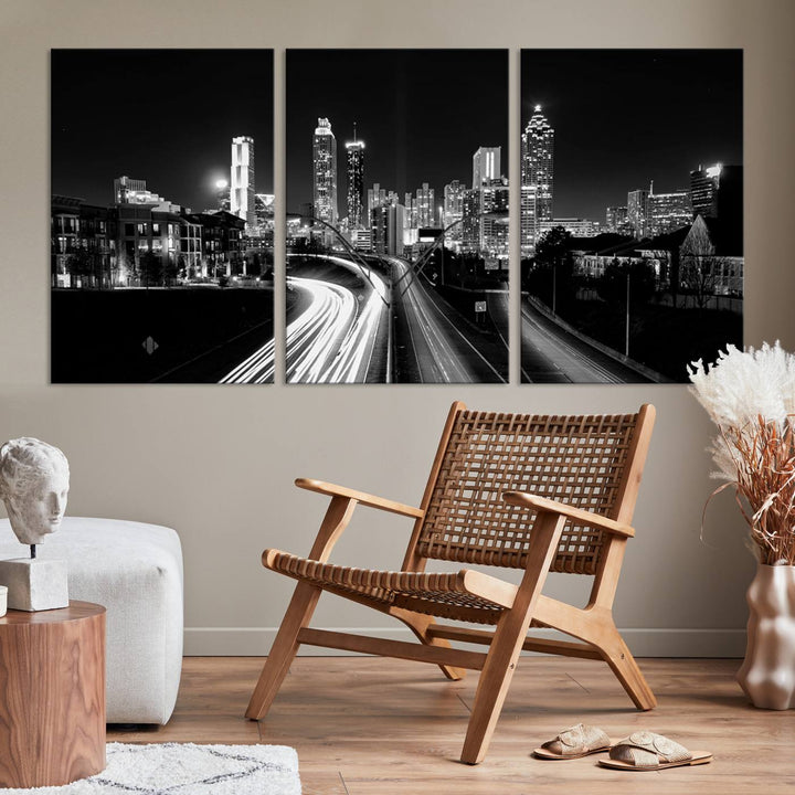 Atlanta City Lights Skyline Art mural noir et blanc Paysage urbain Impression sur toile