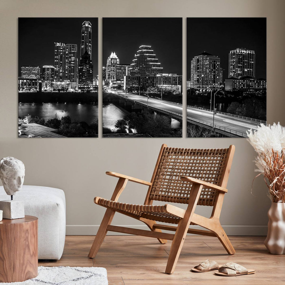 Austin City Lights Skyline Black and White Wall Art Canvas Print