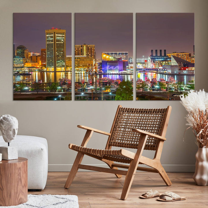 The Baltimore City Lights Night Skyline Cityscape View Wall Art Canvas Print is elegantly displayed on museum-quality canvas.