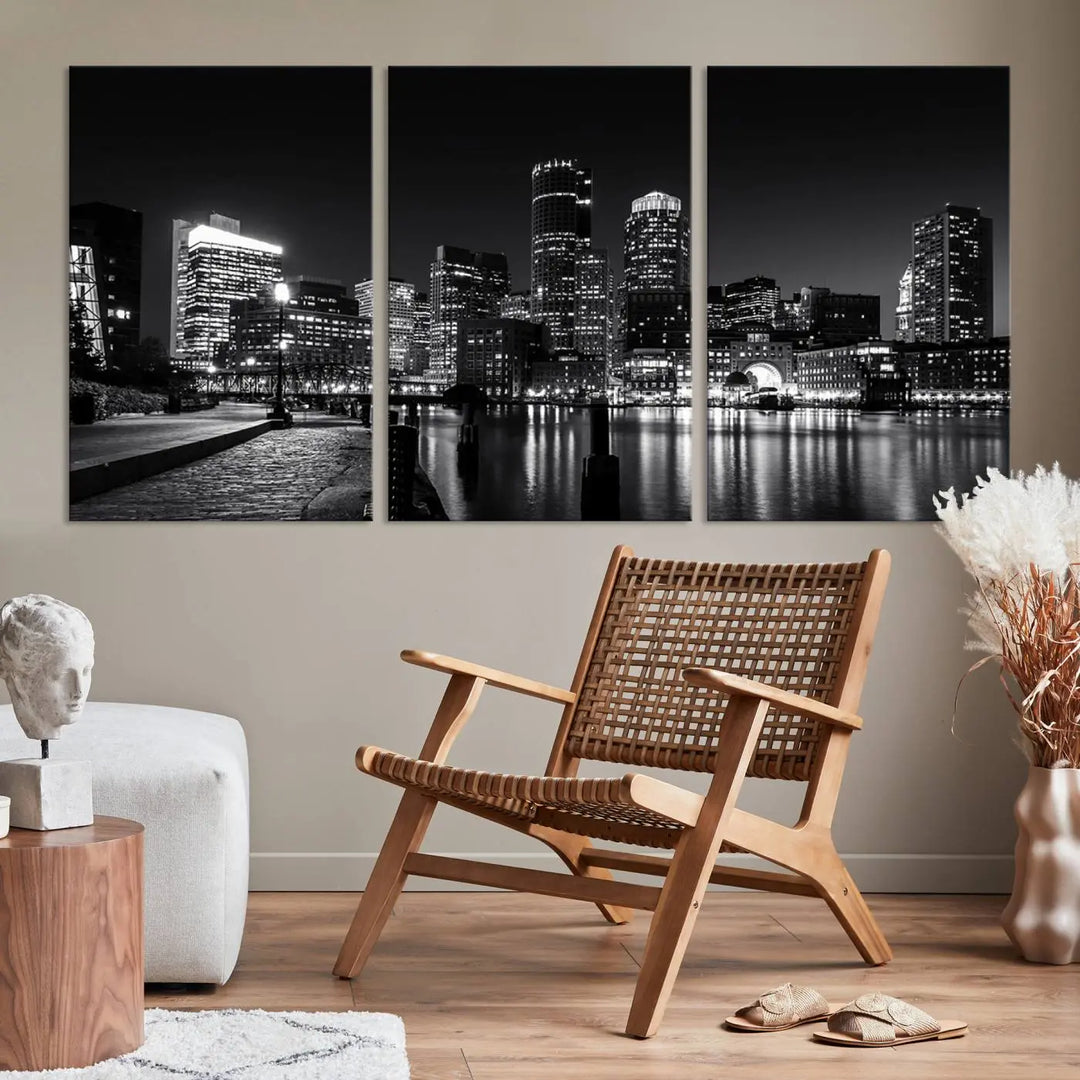 The living room showcases the Boston City Lights Skyline Black and White Wall Art Canvas Print.