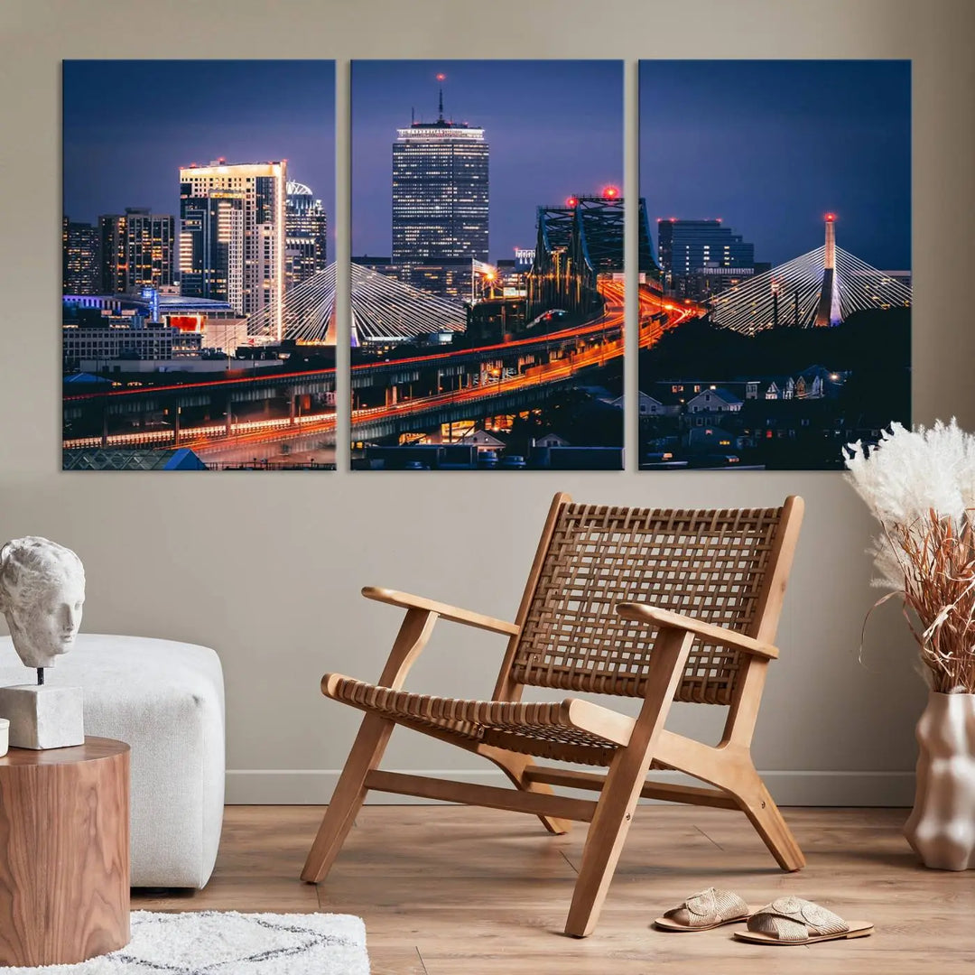 The "Boston City Lights Night Skyline Cityscape View" artwork on the wall showcases a brightly lit bridge at night. It is displayed on museum-quality canvas with a UV-protective coating.