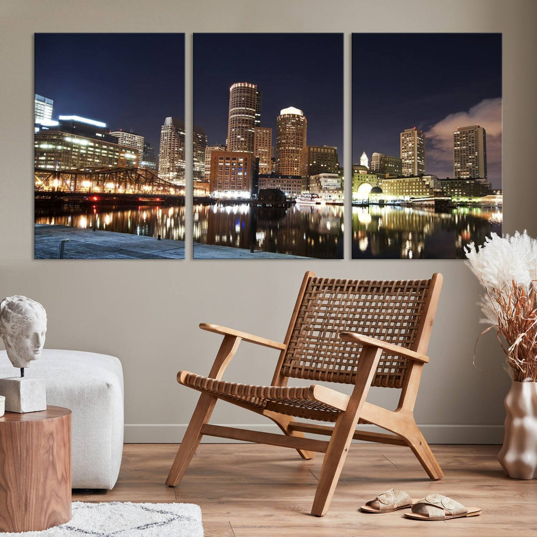 The Boston City Lights Skyline Cityscape View Wall Art Canvas Print showcases a nighttime cityscape on museum-quality canvas.