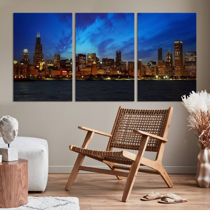 The "Chicago City Lights Night Blue Wall Art Canvas Print," a triptych of a city skyline at dusk rendered on museum-quality canvas with UV-protective coating, is featured in the living room.