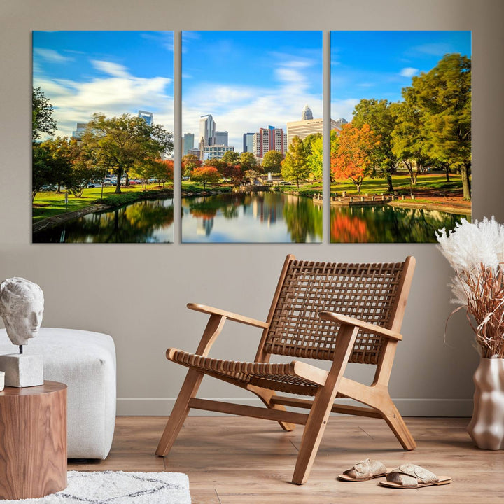 The Charlotte City Park at Spring Skyline Cityscape View wall art canvas print is a triptych featuring a scenic park with a lake and city skyline. It is gallery-wrapped on museum-quality canvases.