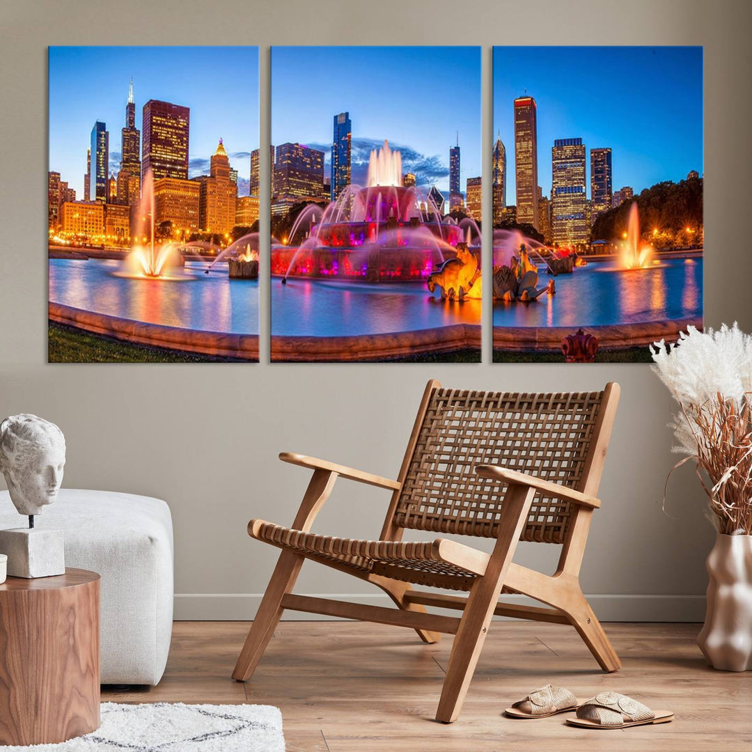 Chicago City Colorful Lights Night Skyline Cityscape View Wall Art Canvas Print