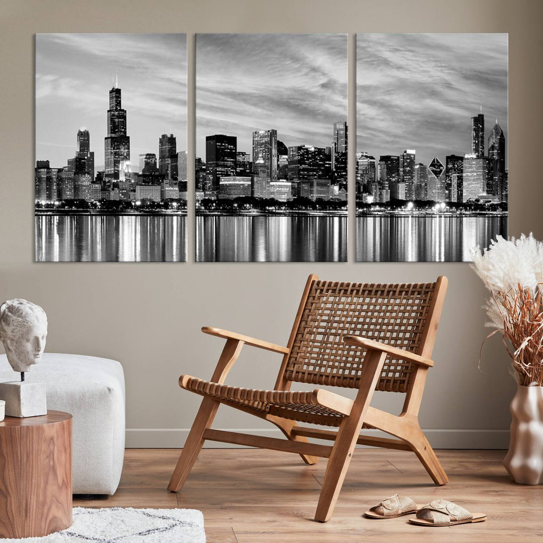 Chicago City Cloudy Skyline Black and White Wall Art Cityscape Canvas Print