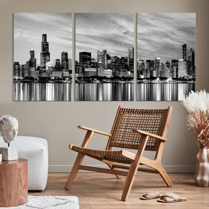 Chicago City Cloudy Skyline Black and White Wall Art Cityscape Canvas Print