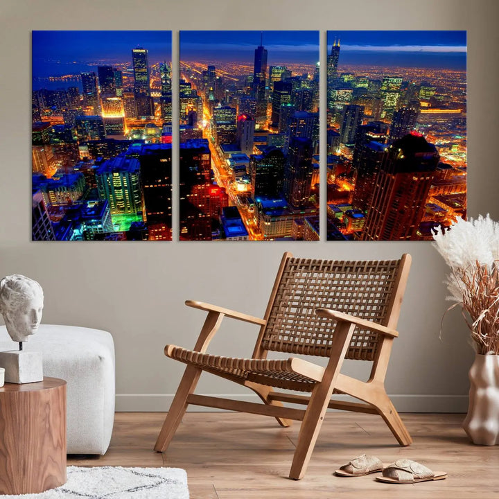 The "Chicago Night Skyline Wall Art" on museum-quality canvas adds long-lasting appeal to the living room.