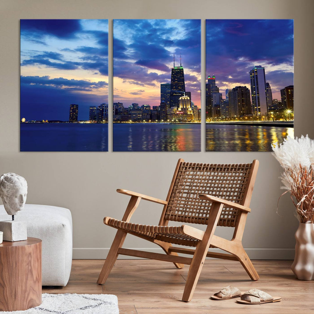 Chicago City Lights Night Cloudy Blue Skyline Cityscape View Wall Art Canvas Print