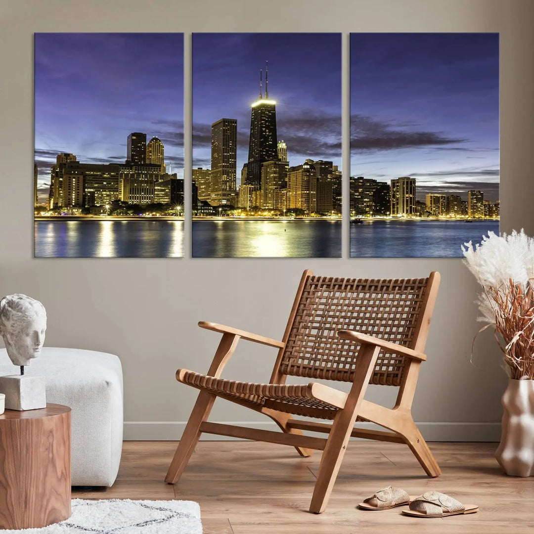 Chicago Night Skyline Cityscape Canvas Picture Print is a stunning three-panel wall art piece, perfect for adding sophistication to any setting. Crafted by professional artisans, this artwork features museum-quality canvases designed to enhance your space. Enjoy free shipping with your purchase.