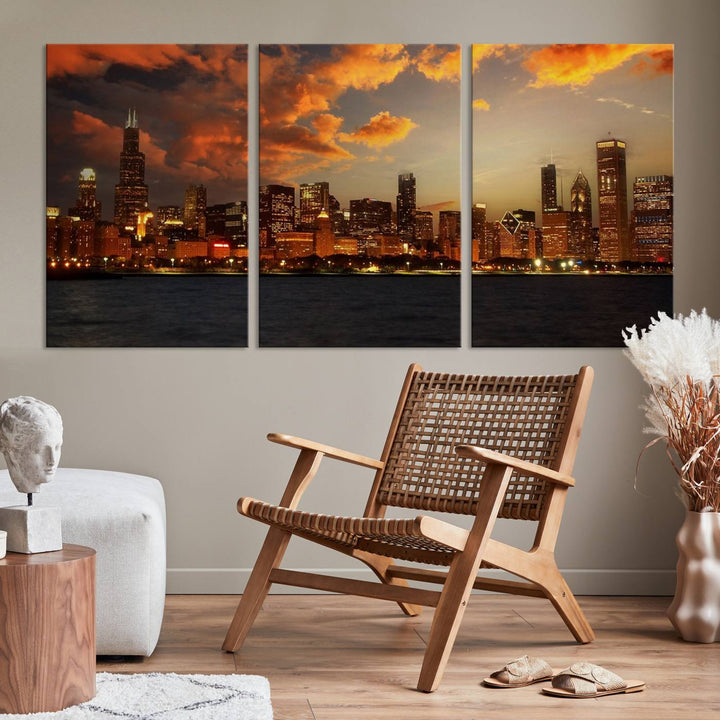 Chicago City Lights Sunset Orange Cloudy Skyline Cityscape View Wall Art Canvas Print