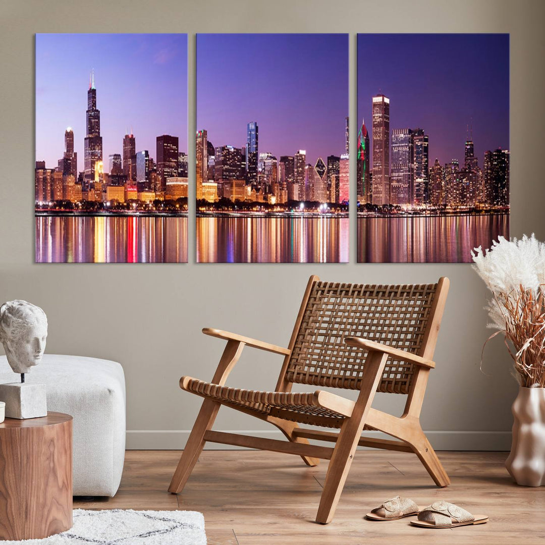 Chicago City Lights Night Purple Skyline Cityscape View Wall Art Canvas Print