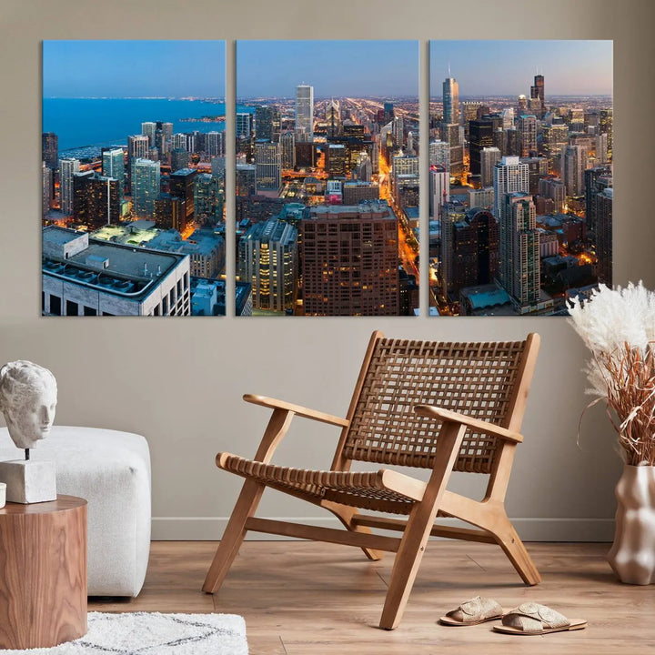 Product Name: Chicago Night Skyline Wall Art City Cityscape

Artwork Description: This artwork is a triptych depicting the Chicago city skyline at night. Created on museum-quality canvas with a UV-protective coating, it comes ready to hang and seamlessly enhances any space.