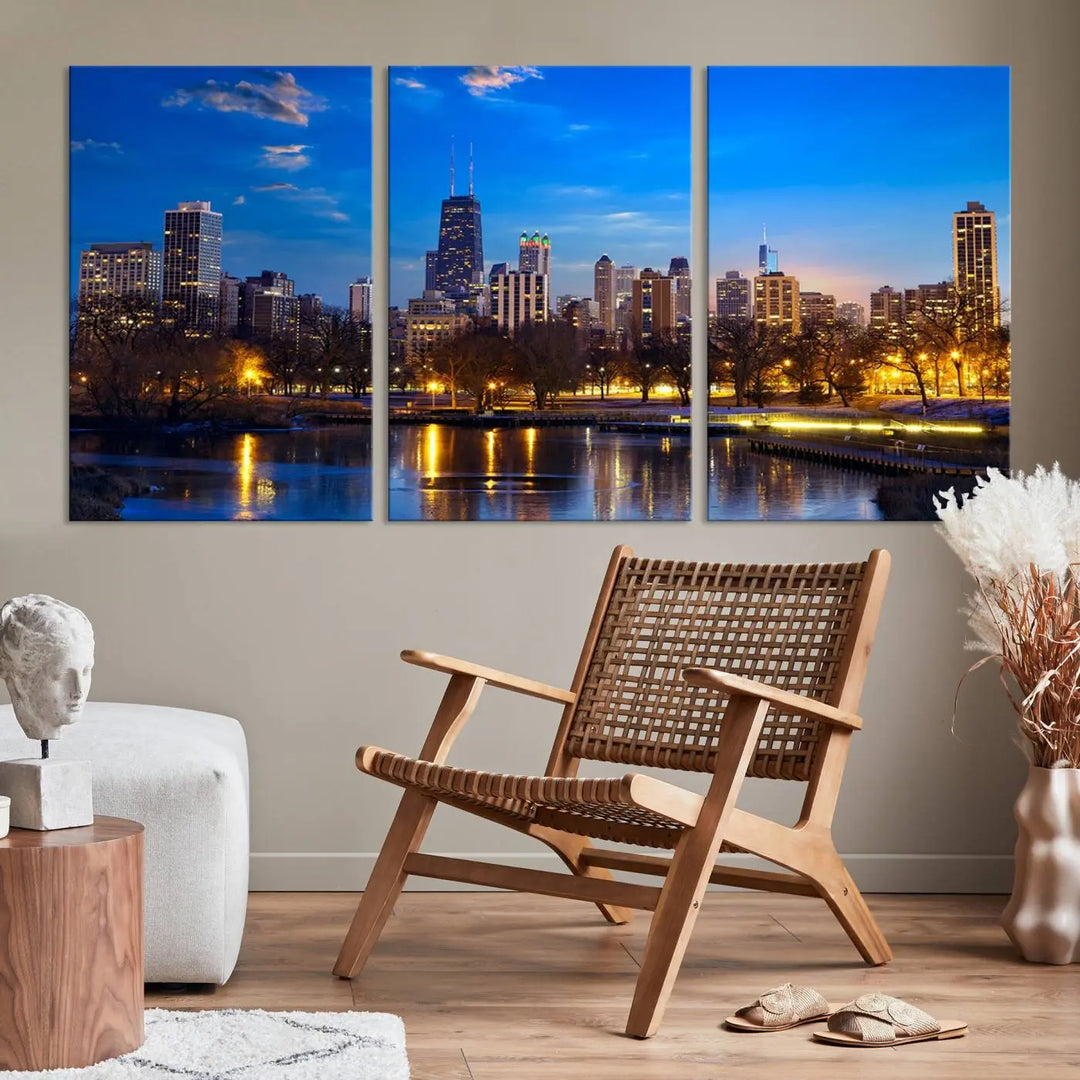 A triptych photo titled "Chicago City Lights Night Blue Skyline Cityscape View Wall Art Canvas Print" is elegantly displayed on gallery-wrapped, museum-quality canvases.