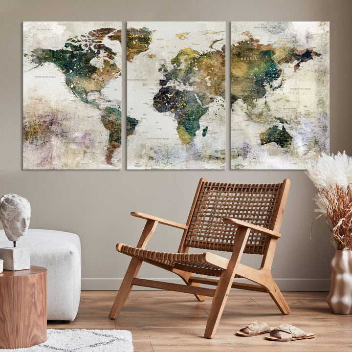 Carte du monde, impression d'art mural, carte sur toile, ensemble mural de 3 panneaux, cadeau, carte de voyage