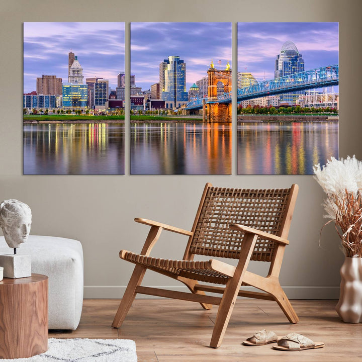 The wall art titled "Cincinnati City Lights Sunset Purple Cloudy Skyline Cityscape View" is beautifully printed on museum-quality canvases with a UV-protective coating and is ready to hang.