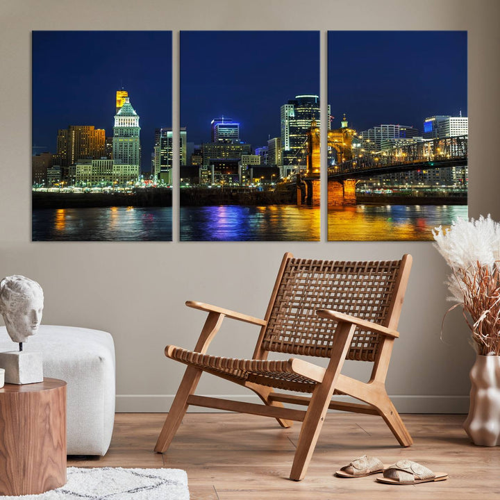 The "Cincinnati City Lights Night Skyline Cityscape" canvas print, displayed above a sofa, exhibits museum-quality craftsmanship with a UV-protective coating.