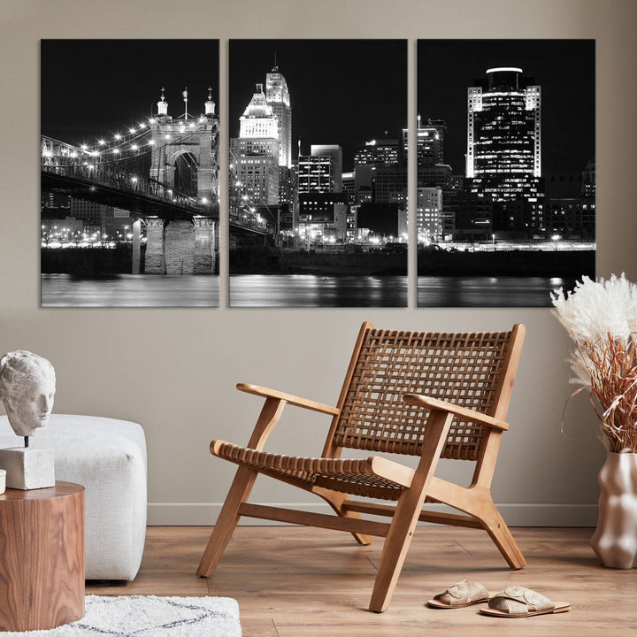 The Cincinnati City Skyline Black and White Wall Art Cityscape Canvas Print is prominently displayed.