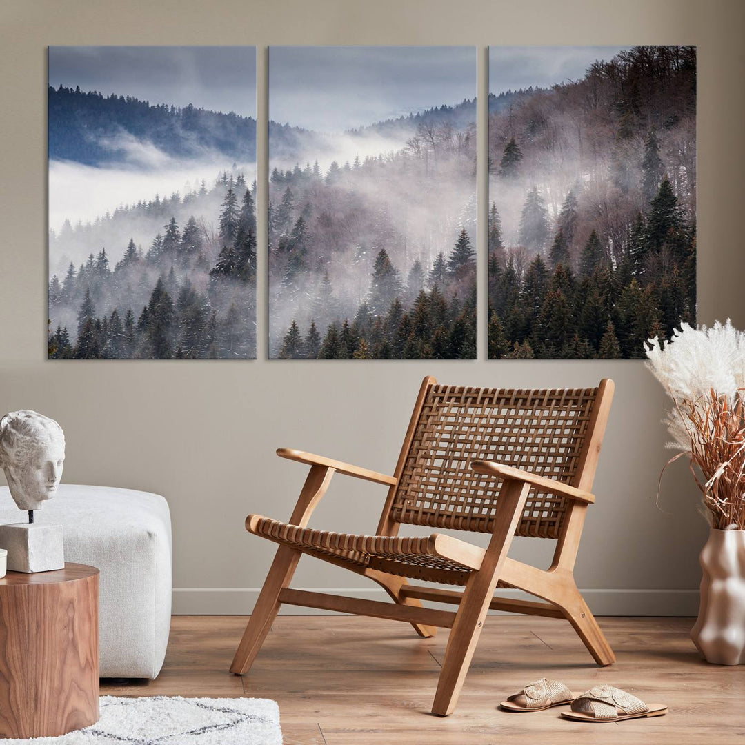 The "Beautiful Rising Fog in Winter Mountain Landscape" wall art is presented on museum-quality canvas, adding a striking visual element to the living room.