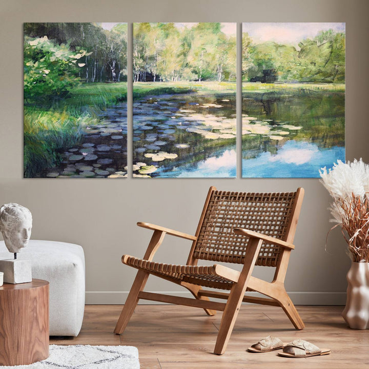 The "Forest Pond River Lake Wall Art Canvas Print" showcases a serene lakeside landscape with trees and water lilies. Crafted on museum-quality canvases and enhanced with UV-protective coating, this piece serves as an elegant addition to any space.