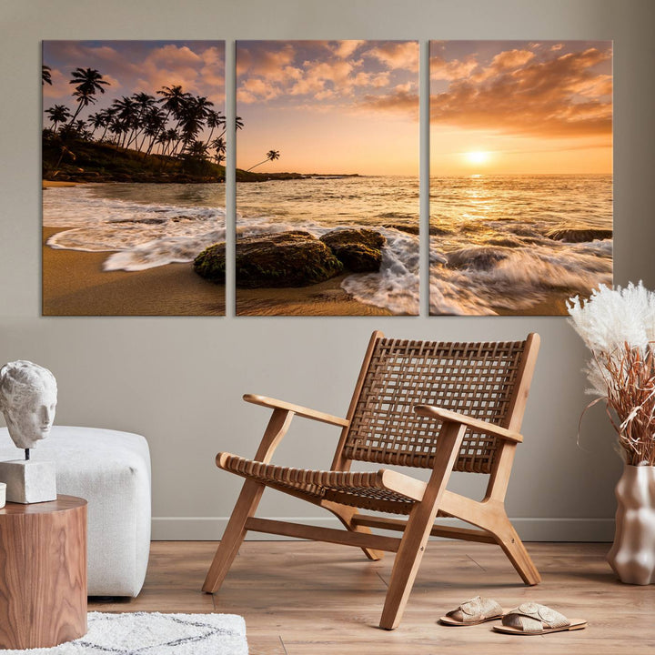 The "Tropical Island Sunset Sunrise Wall Art Canvas Print" is a stunning triptych that showcases a tranquil beach sunset complete with waves and palm trees. Each canvas piece is meticulously hand-assembled and framed using museum-quality polycotton with a UV-protective coating to ensure enduring beauty.