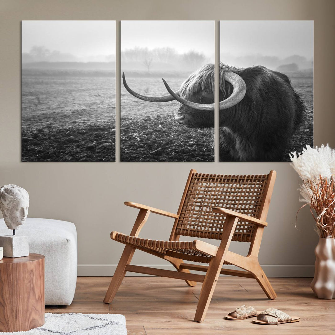 The living room features a three-panel wall art of a highland cow in a foggy field, using the Cow Wall Art Canvas Print for visual impact. This museum-quality canvas includes UV-protective coating to ensure longevity.