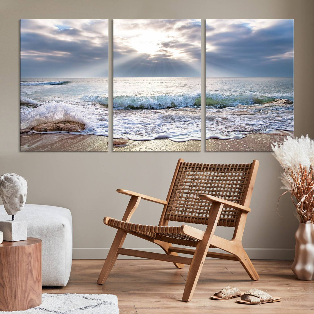 Sunset At The Beach Wall Art Canvas Print, showcasing a triptych of a tranquil ocean view with waves and sun rays, is printed on museum-quality canvas with UV-protective coating. Enjoy this artistic elegance with free shipping.