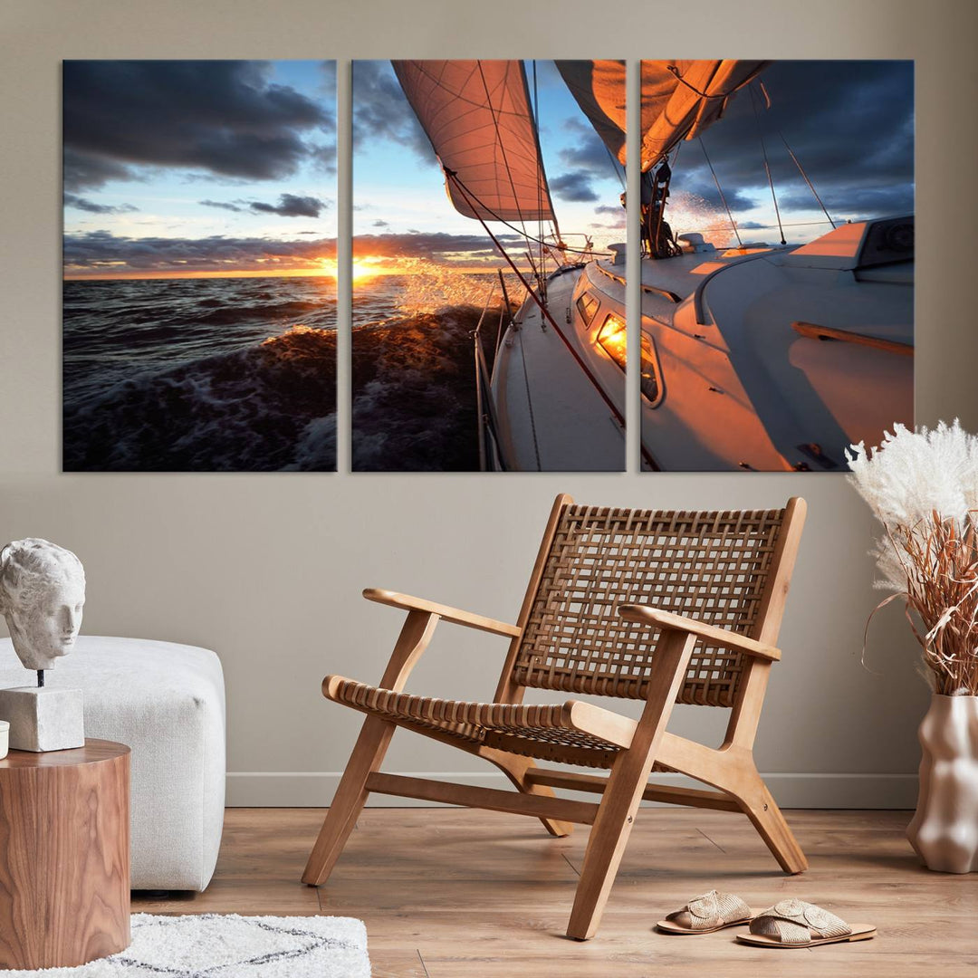 The modern living room is adorned with the Ocean Sunset Sailboat Wall Art, a triptych crafted on museum-quality canvas featuring UV-protective coating for lasting vibrancy.